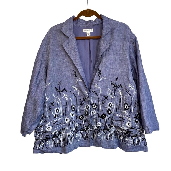 Coldwater Creek Jackets & Blazers - Coldwater Creek Blue Floral Embroidered Womens Jacket 3X Snaps Spring Boho Linen